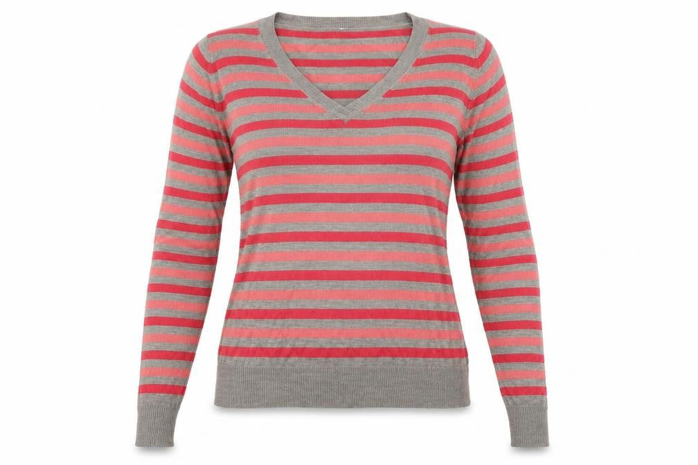 Front view of BHS women’s grey striped jumper, size UK 14