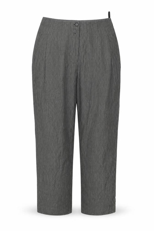 Front view of Phase Eight women’s grey striped trousers, size UK 12, 23-inch leg