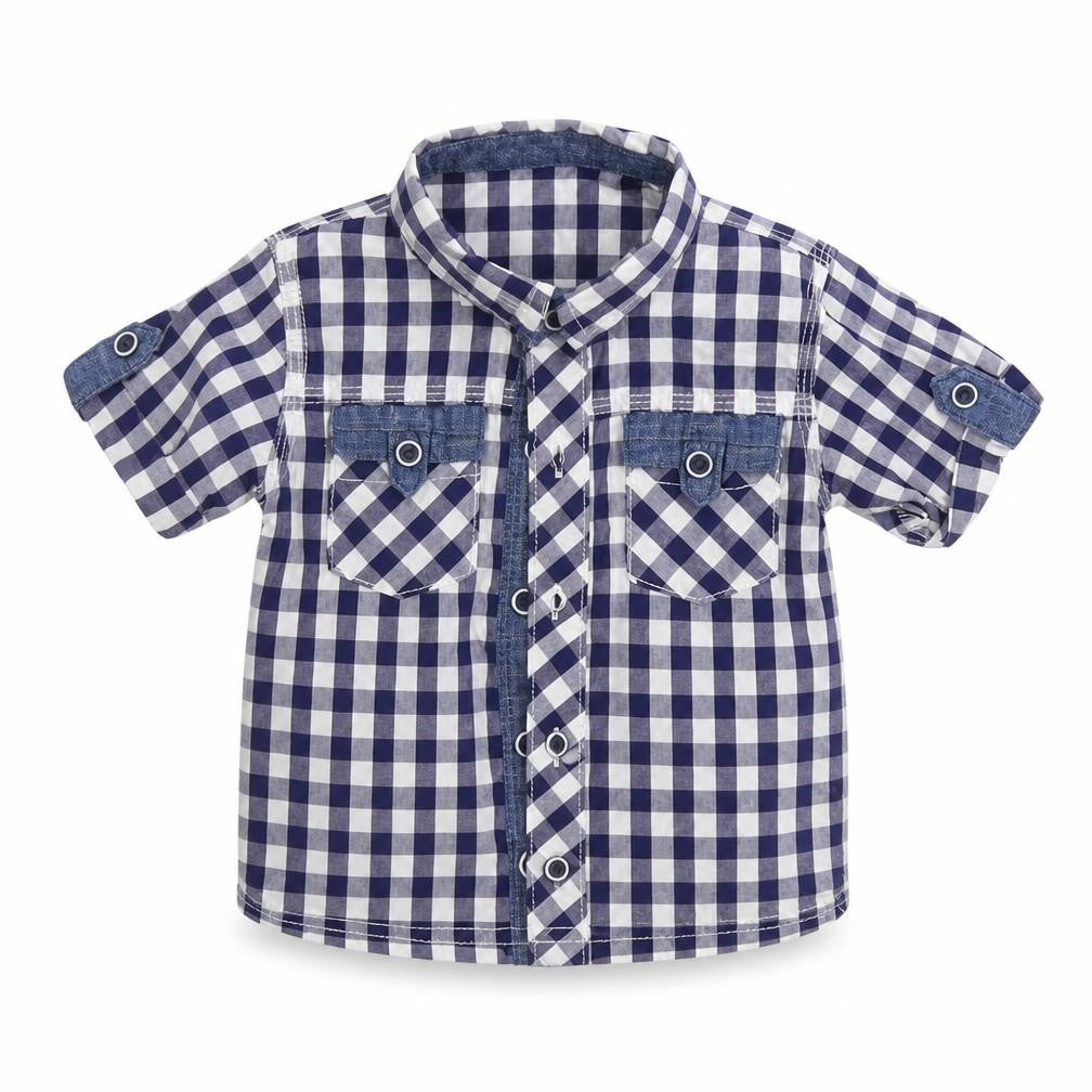Front view of George boys’ white check basic button-up, size 6-9, months