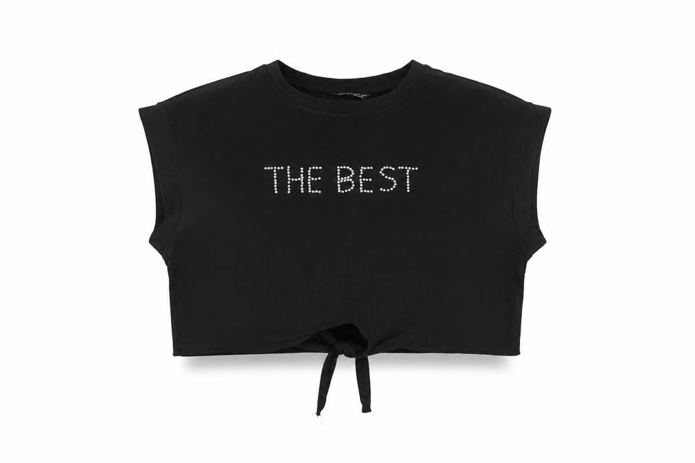 Front view of SHEIN # women’s black cropped t-shirt, size L