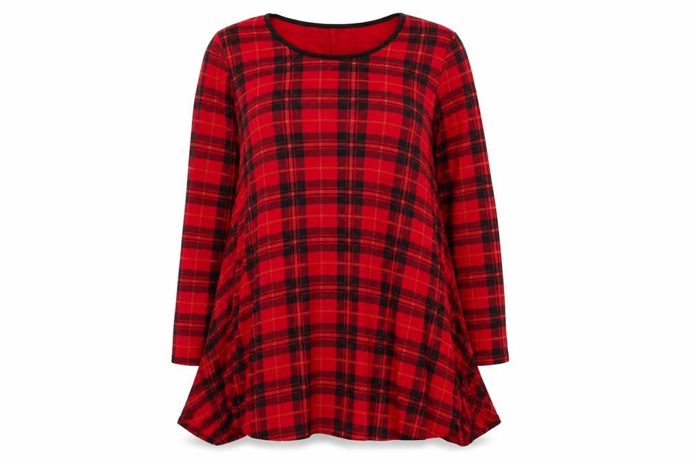 Front view of Cherry Couture women’s red plaid basic blouse, size M