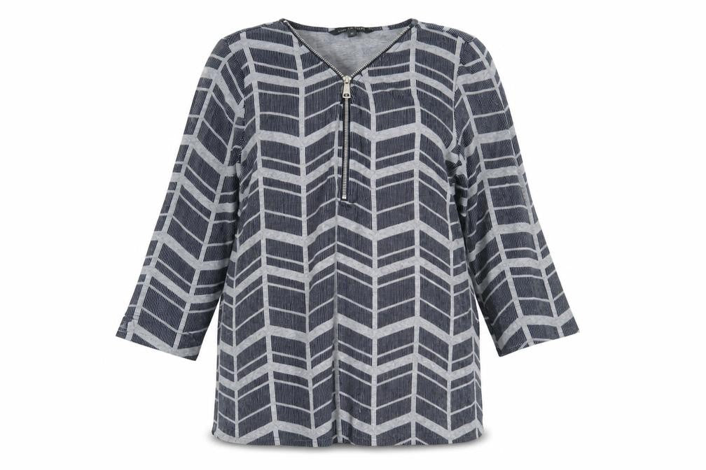 Front view of Love Leisure women’s blue geometric basic blouse, size UK 16