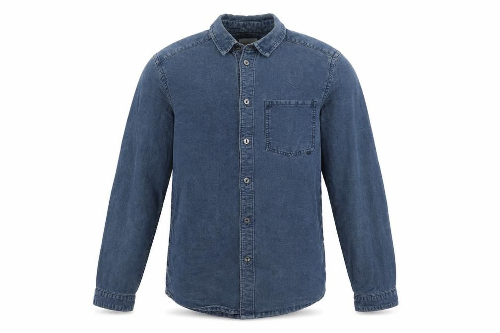 Front view of Wezc men’s blue button-up, size S