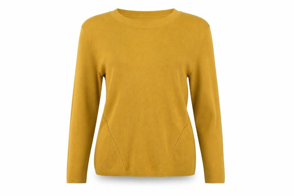 Front view of H&M women’s yellow knit pullover sweatshirt, size L