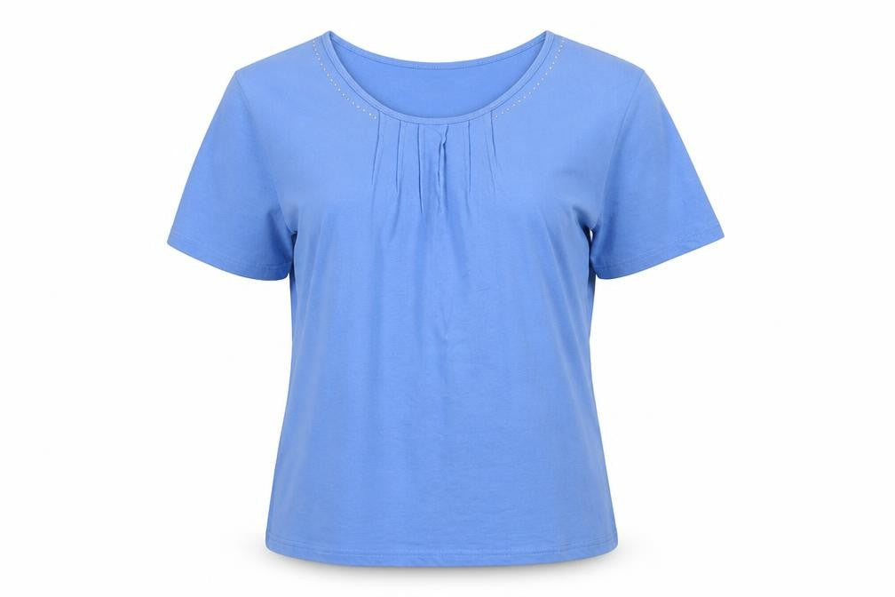 Front view of Anne De Lancay women’s blue basic t-shirt, size L