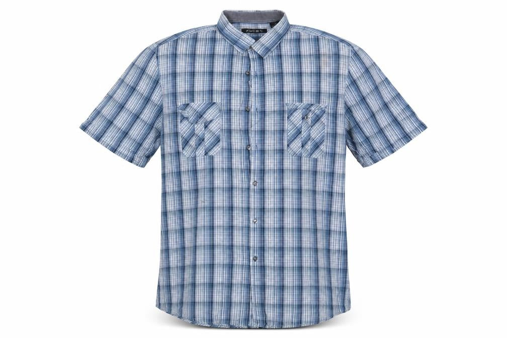 Front view of Axist men’s blue check button-up, size XL