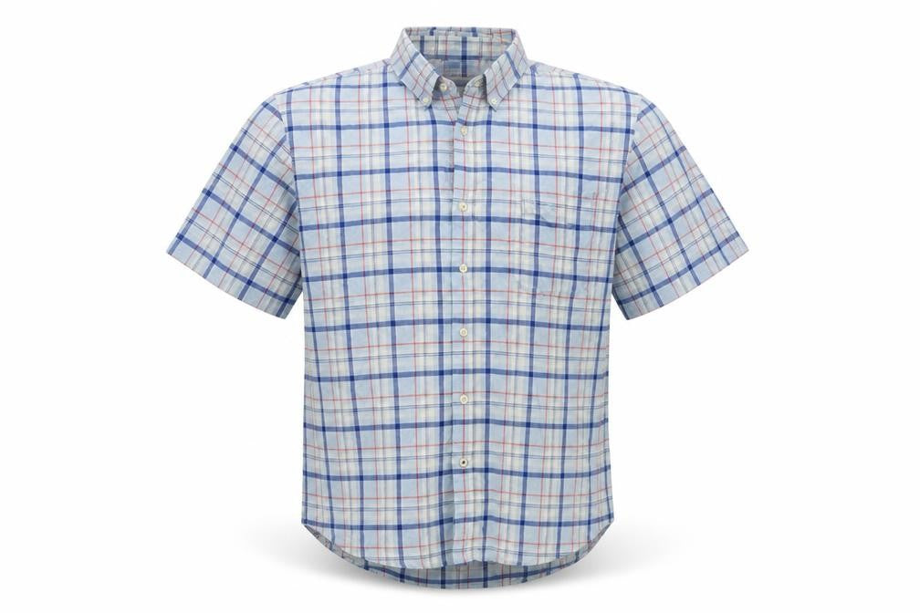 Front view of IZOD men’s blue check button-up, size XL