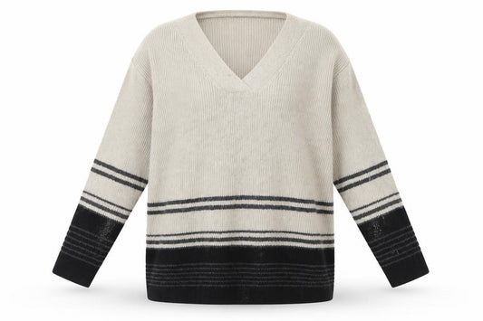 Front view of Versatility women’s multicoloured striped jumper, size UK 12