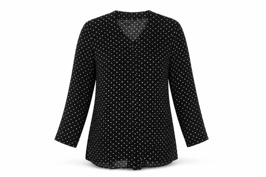 Front view of Richard Roberts women’s black polka dot basic button-up, size L
