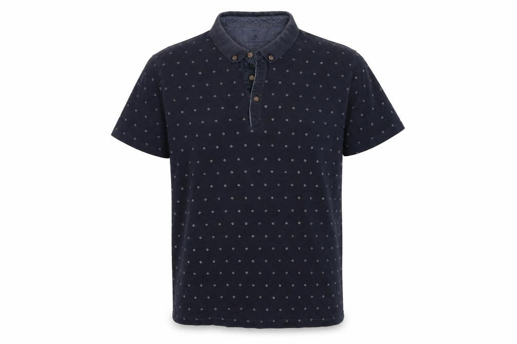 Front view of Easy men’s blue geometric polo, size L