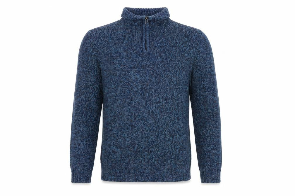 Front view of Atlantic Bay men’s blue jumper, size M