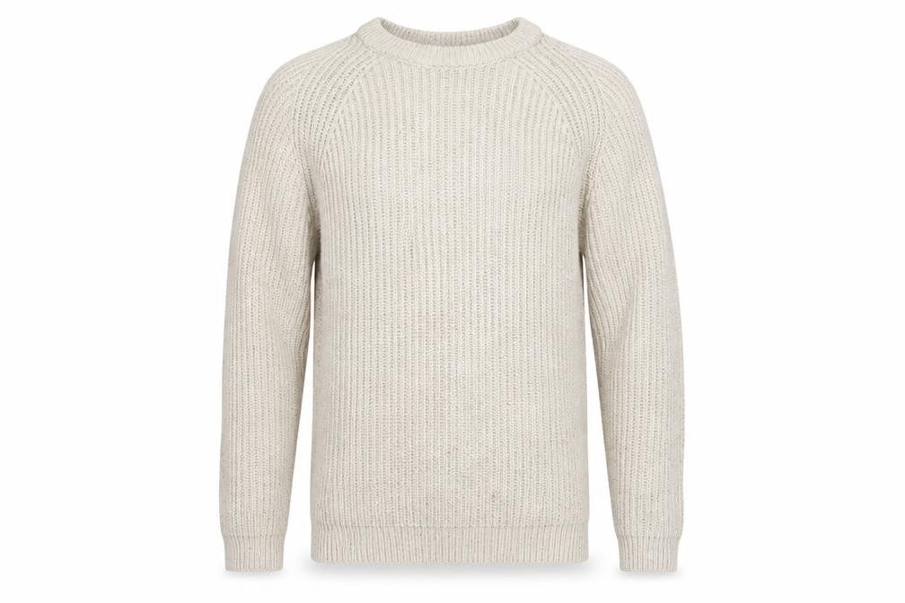 Front view of OSLO men’s beige striped jumper, size M