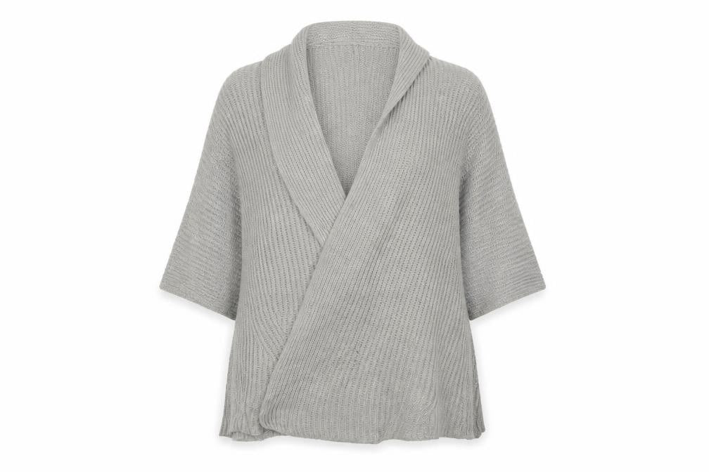 Front view of Pep&Co women’s grey wrap jumper, size UK 14