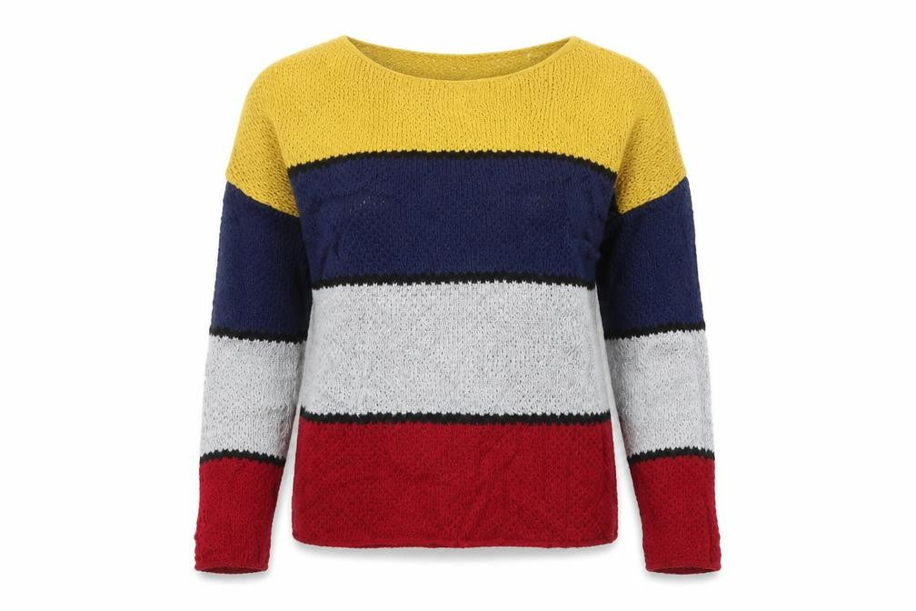 Front view of New Look women’s multicoloured striped jumper, size UK 10