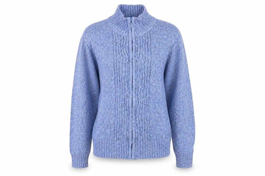 Front view of EWM women’s blue full zip jumper, size M