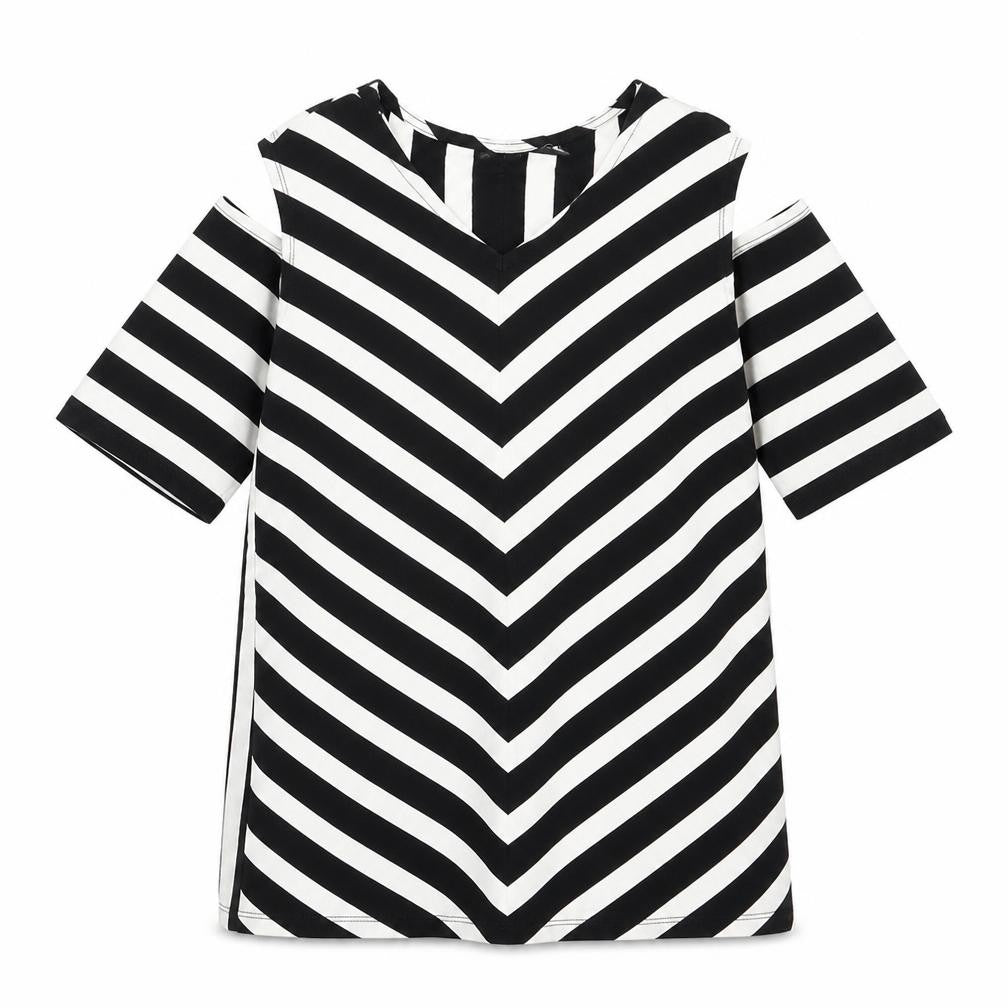 Front view of Susan Graver women’s black striped basic t-shirt, size M