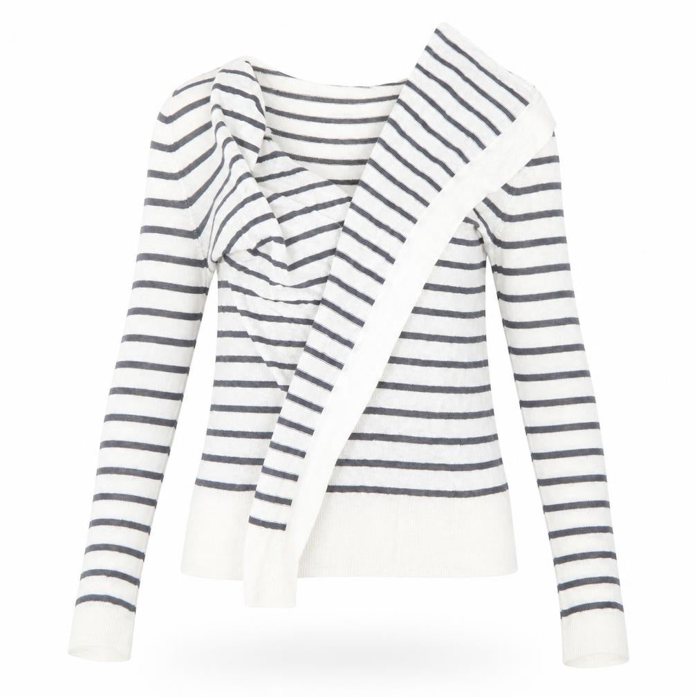 Front view of Preworn women’s blue striped cardigan jumper, size S