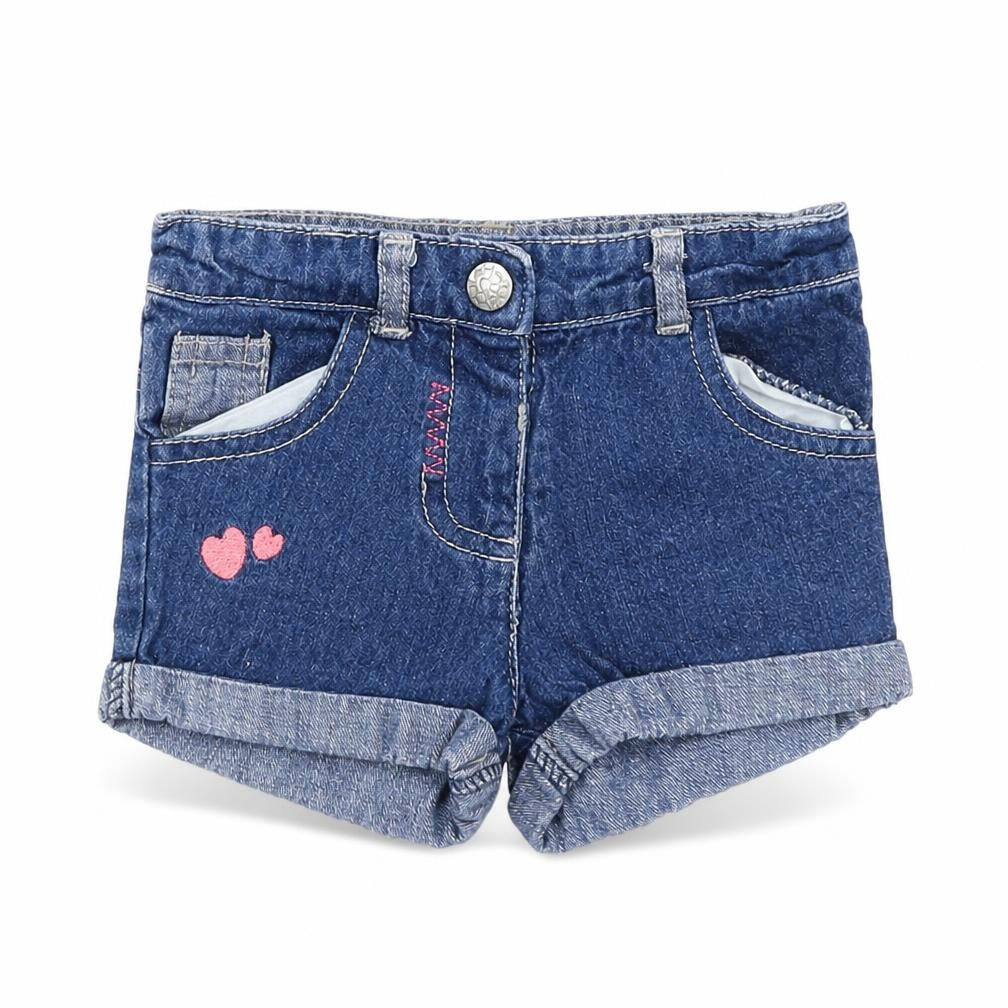 Front view of Young Dimension girls’ blue denim cropped jeans, size 9-12, months