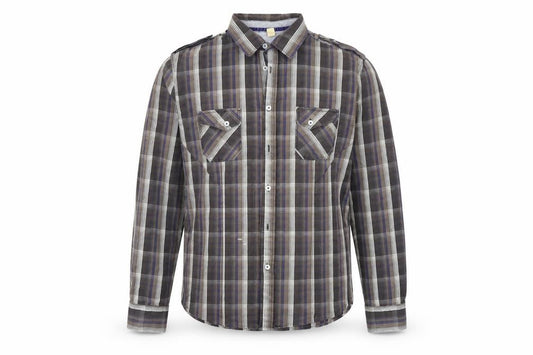 Front view of ASOS men’s brown check button-up, size L