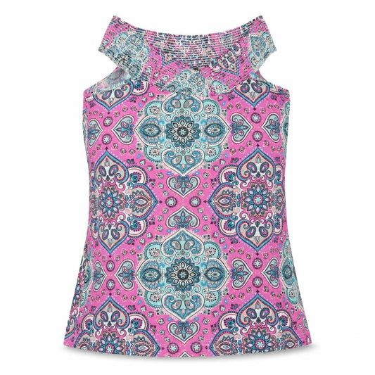 Front view of be you women’s multicoloured geometric basic tank, size UK 8