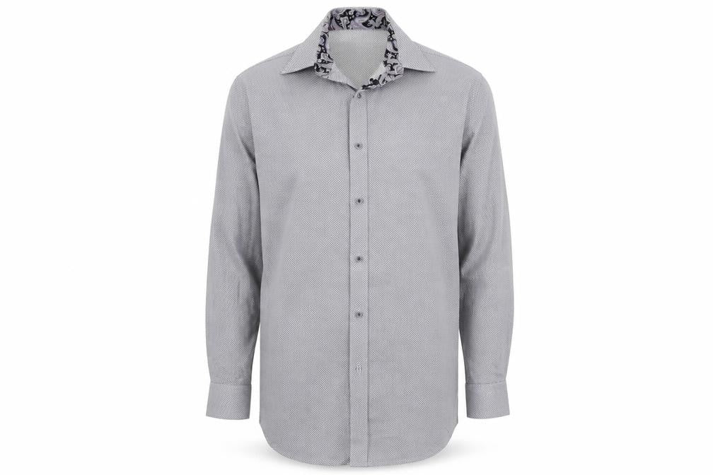 Front view of Greenwoods men’s grey geometric button-up, size 16