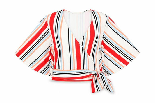 Front view of New Look women’s white striped wrap blouse, size UK 8