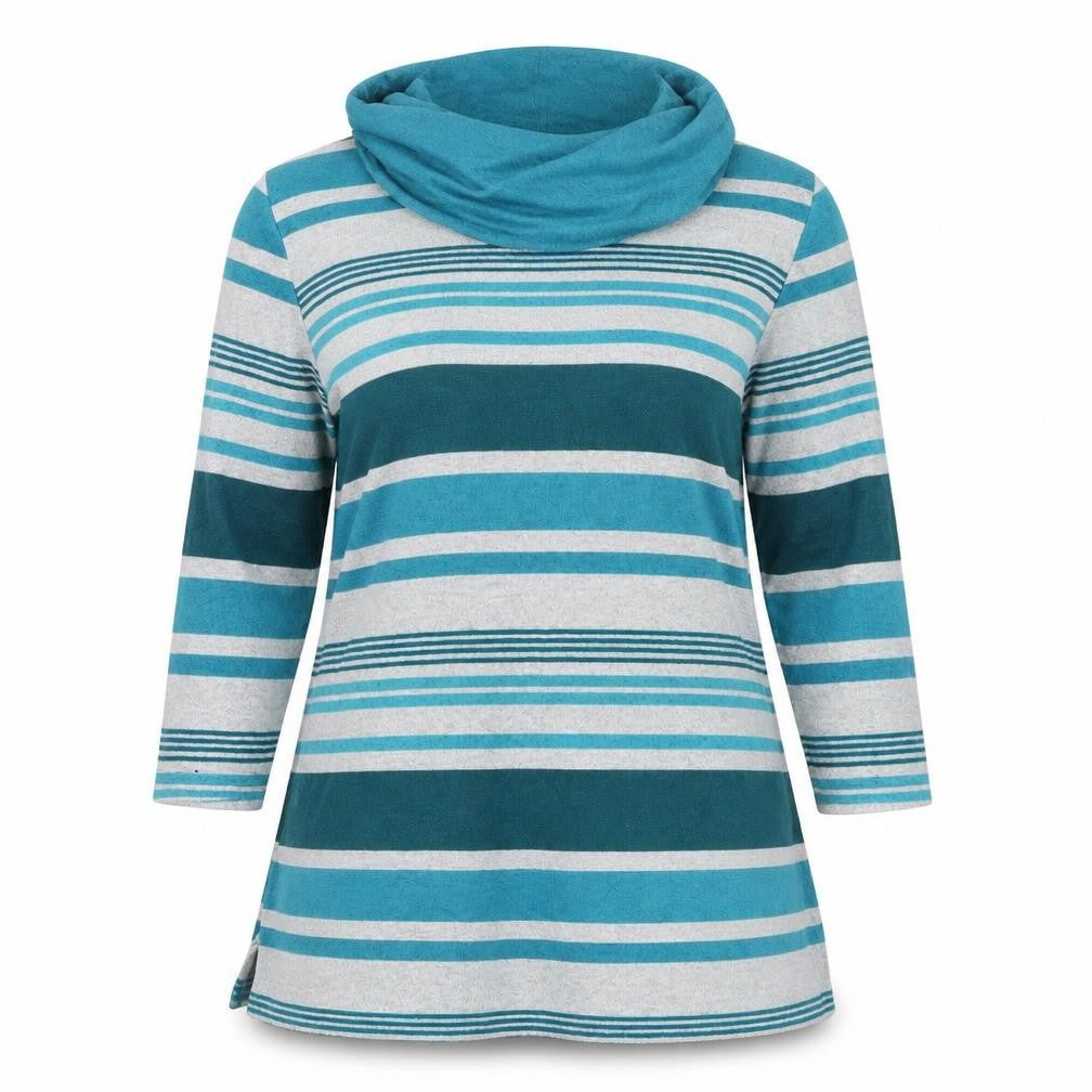 Front view of TIGI women’s grey striped jumper, size UK 14