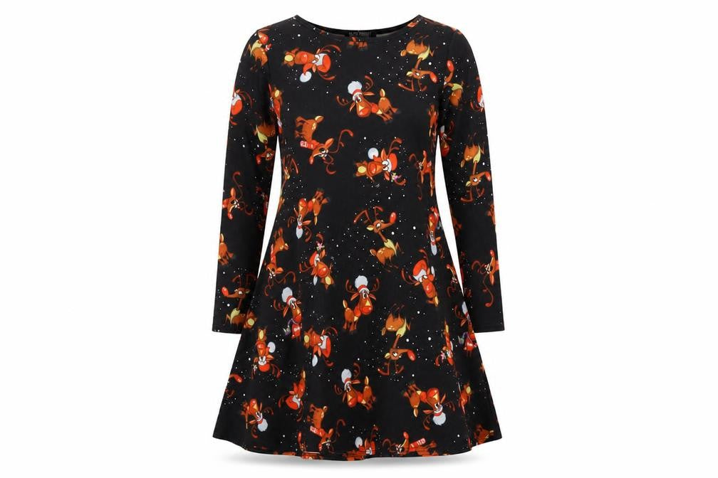 Front view of miss funky women’s black geometric a-line, size M, - christams