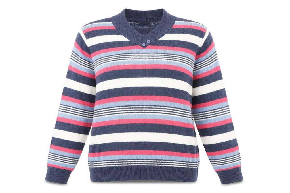 Front view of Isle women’s blue striped jumper, size L