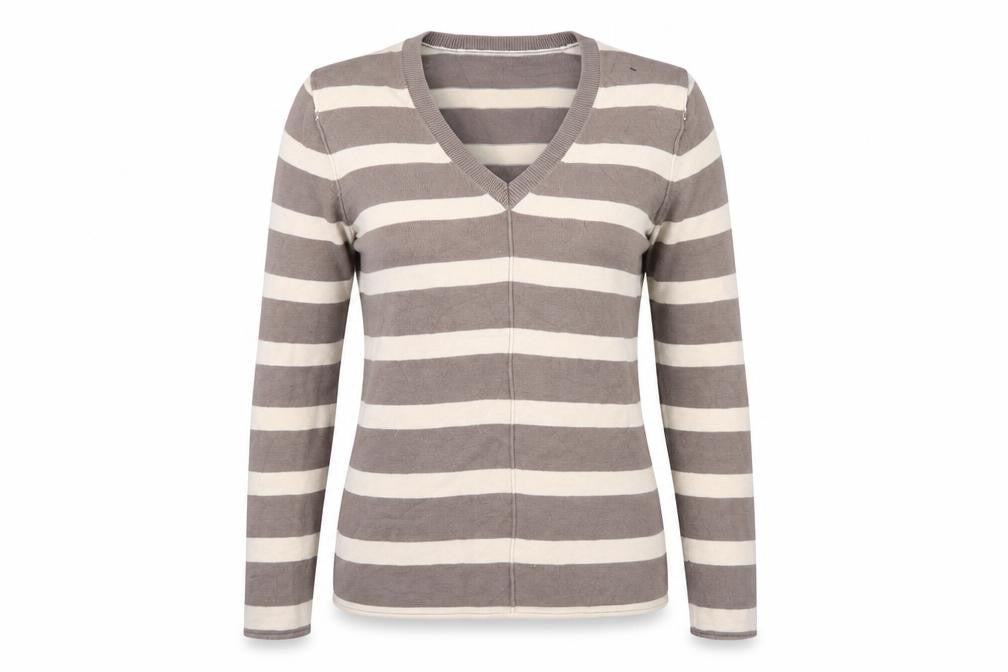Front view of Debenhams women’s brown striped jumper, size UK 14