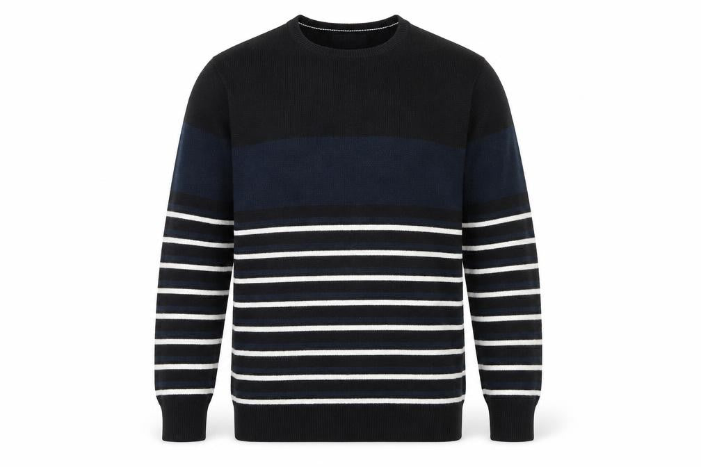 Front view of Cedarwood State men’s black striped jumper, size M