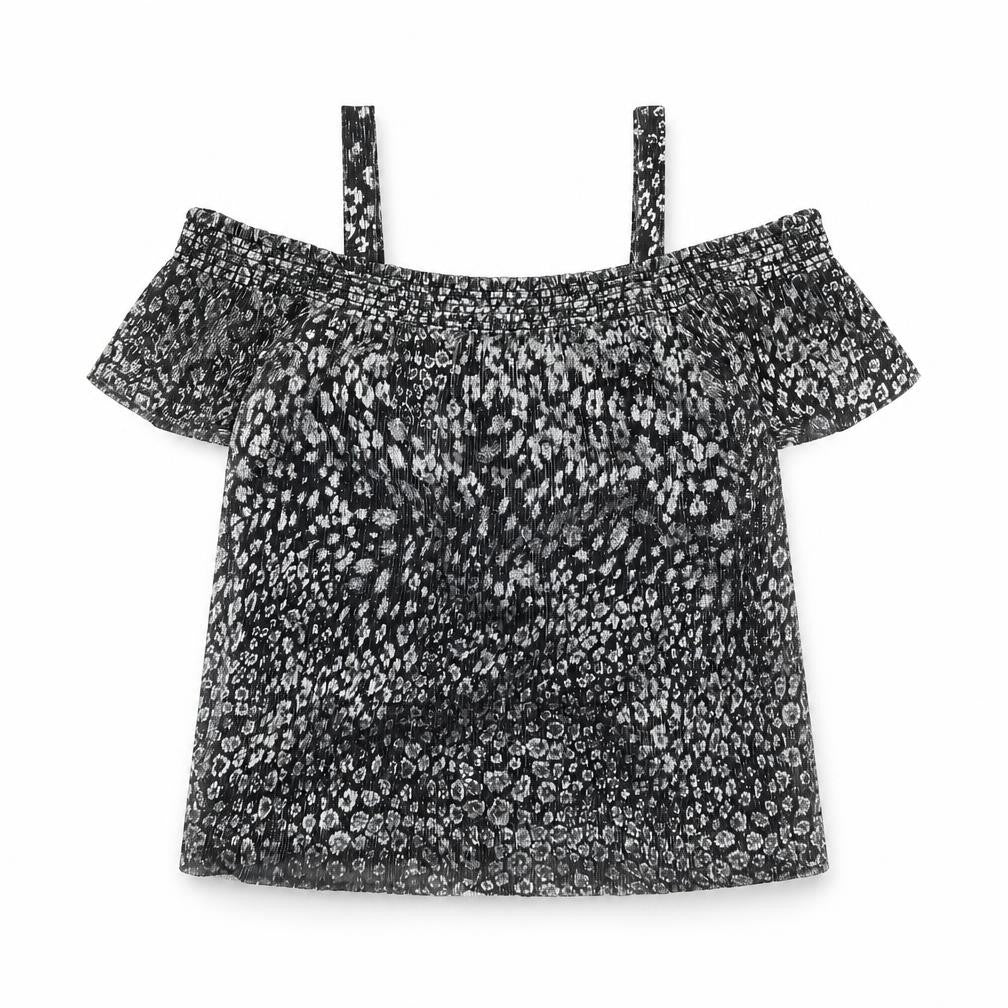 Front view of Next girls’ silver animal print basic blouse, size 7, years