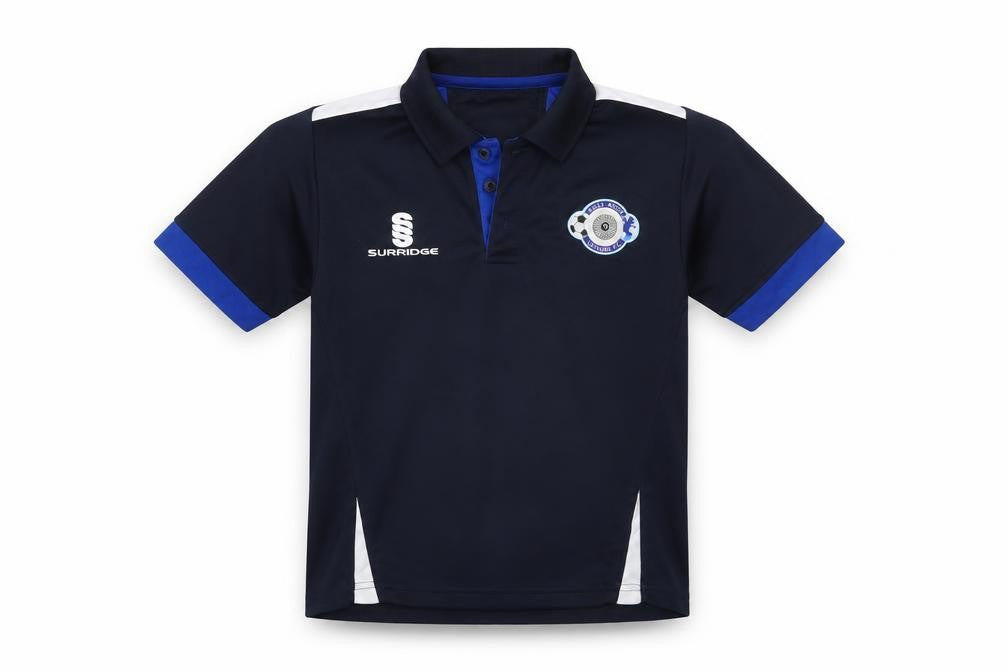Front view of Surridge boys’ blue jersey polo, size S
