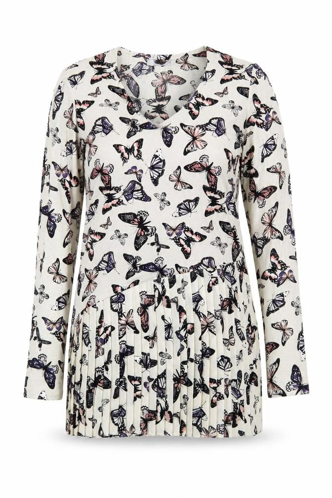 Front view of Per Una women’s grey basic blouse, size UK 8, - asymmetric butterflies