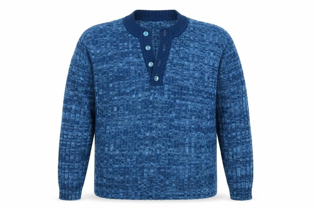 Front view of Fully Fashioned women’s blue knit henley jumper, size XL