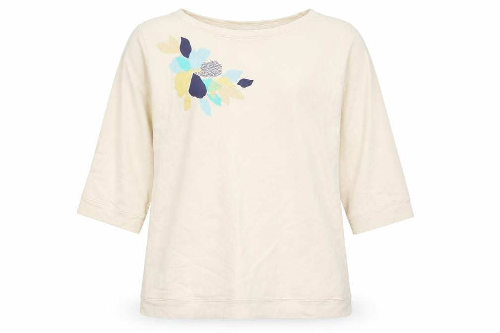 Front view of D&Co women’s beige pullover sweatshirt, size L, - flower
