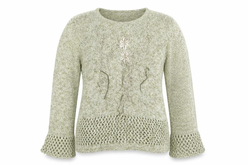 Front view of Georgina B women’s green knit jumper, size UK 12, - shells