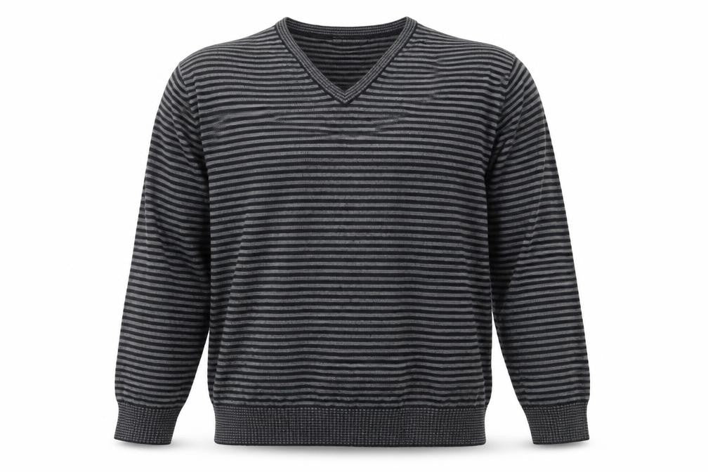 Front view of Marks & Spencer men’s grey striped knit jumper, size L