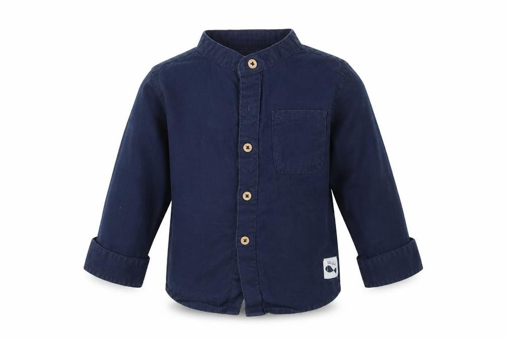 Front view of Lupilu boys’ blue basic button-up, size 6-9, months
