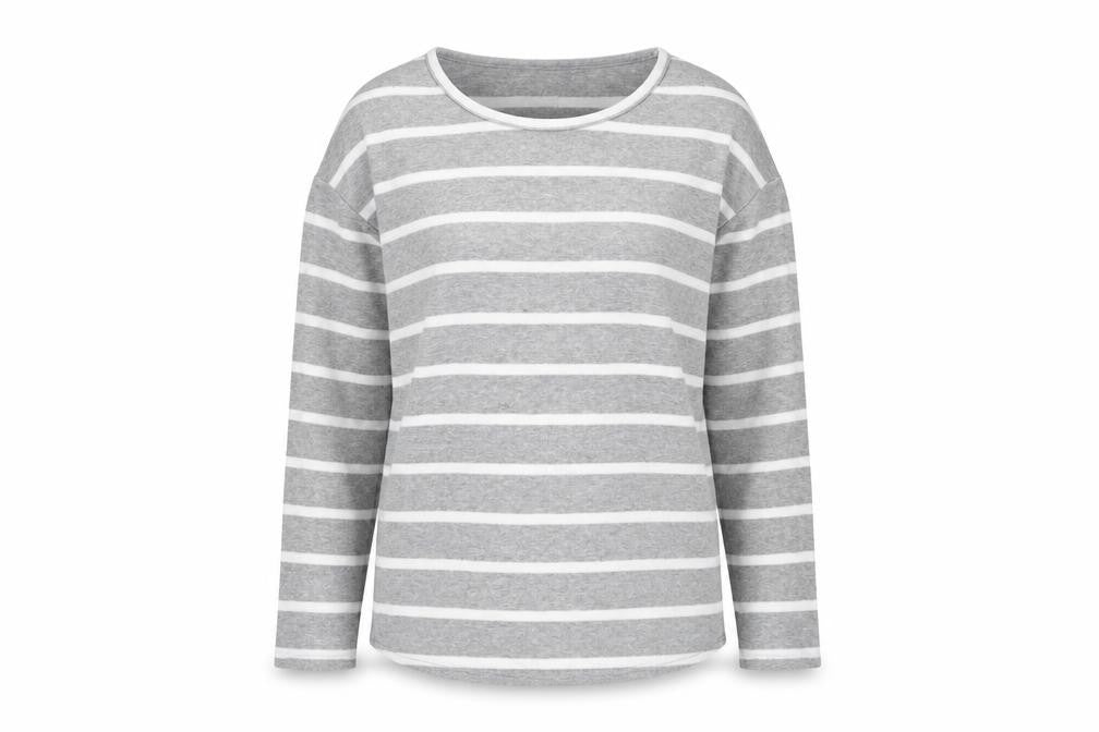 Front view of M&Co women’s grey striped basic t-shirt, size UK 12