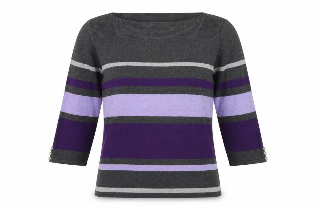 Front view of Karen Scott women’s grey striped knit jumper, size L