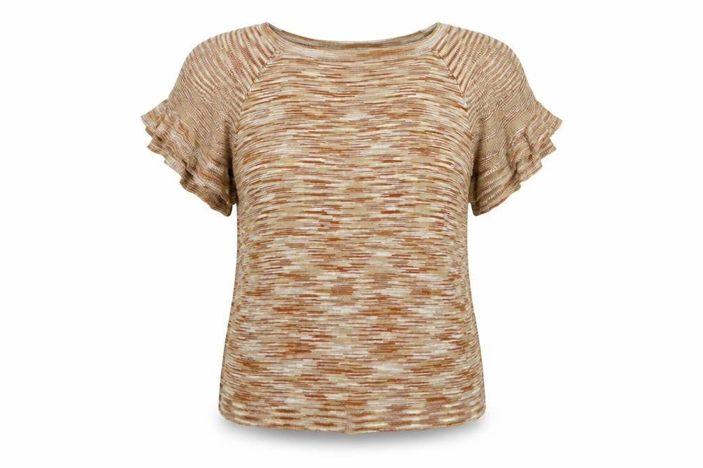 Front view of ET VOUS women’s brown knit jumper, size UK 18, - frill