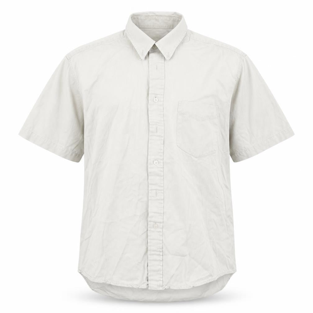 Front view of Zantos men’s beige button-up, size M