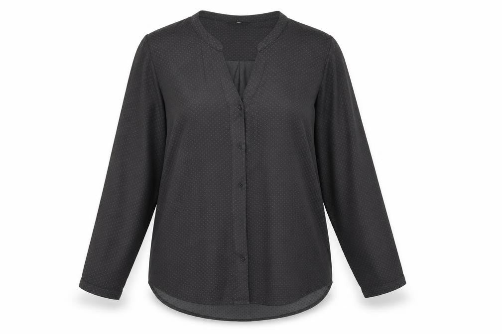 Front view of H&M women’s grey polka dot basic blouse, size UK 12