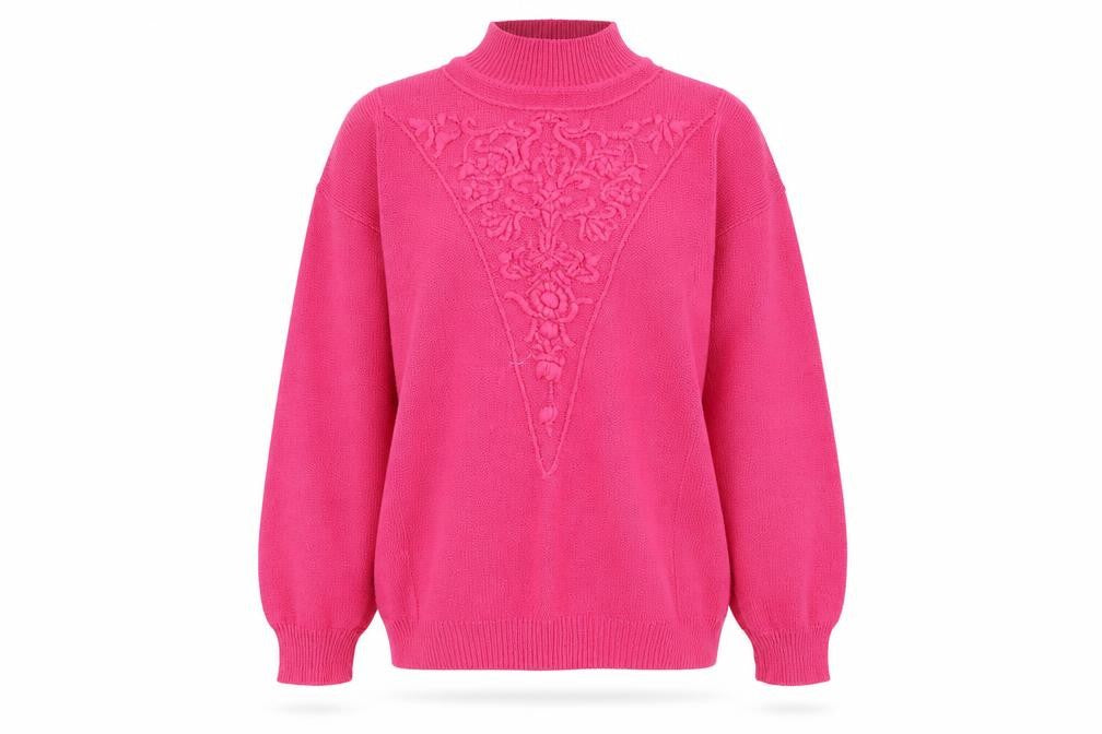 Front view of emrece women’s pink jumper, size UK 16
