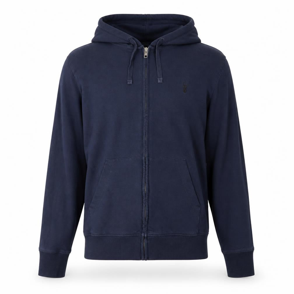 Front view of Next men’s blue full zip jumper, size S