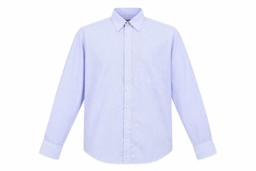 Front view of Essentials men’s blue check button-up, size 16