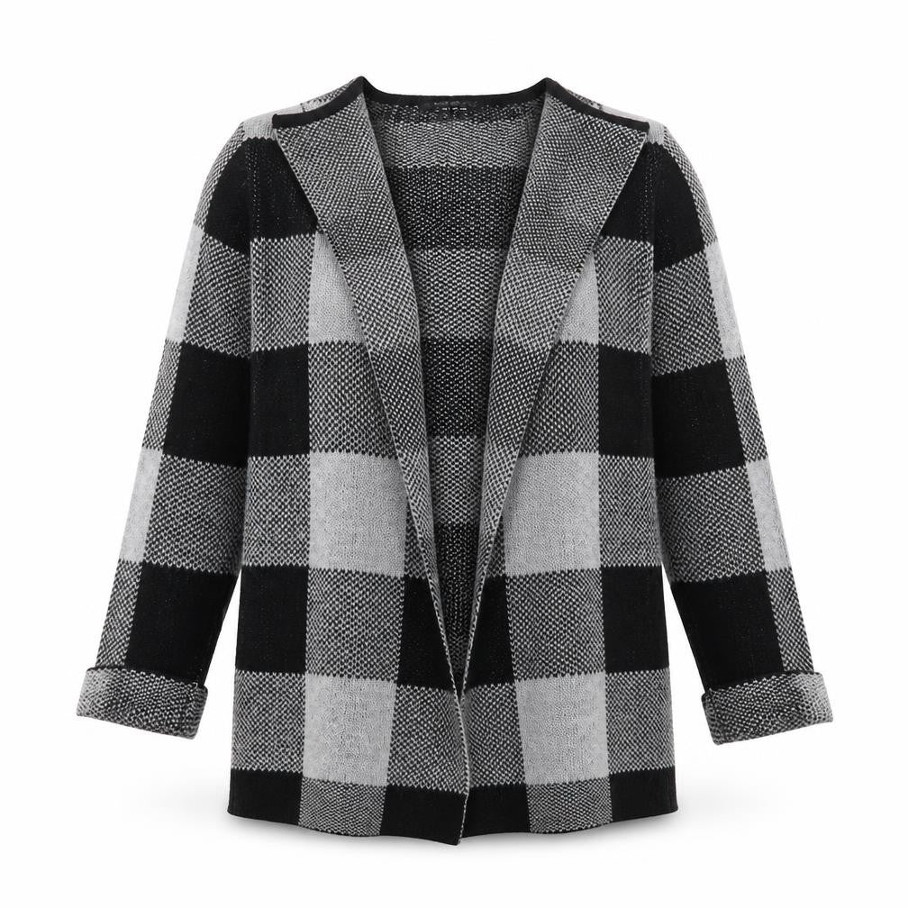 Front view of Select women’s grey check knit cape jumper, size UK 10