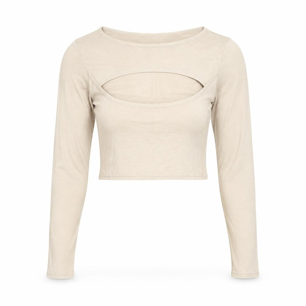 Front view of PRETTYLITTLETHING women’s beige cropped t-shirt, size UK 6