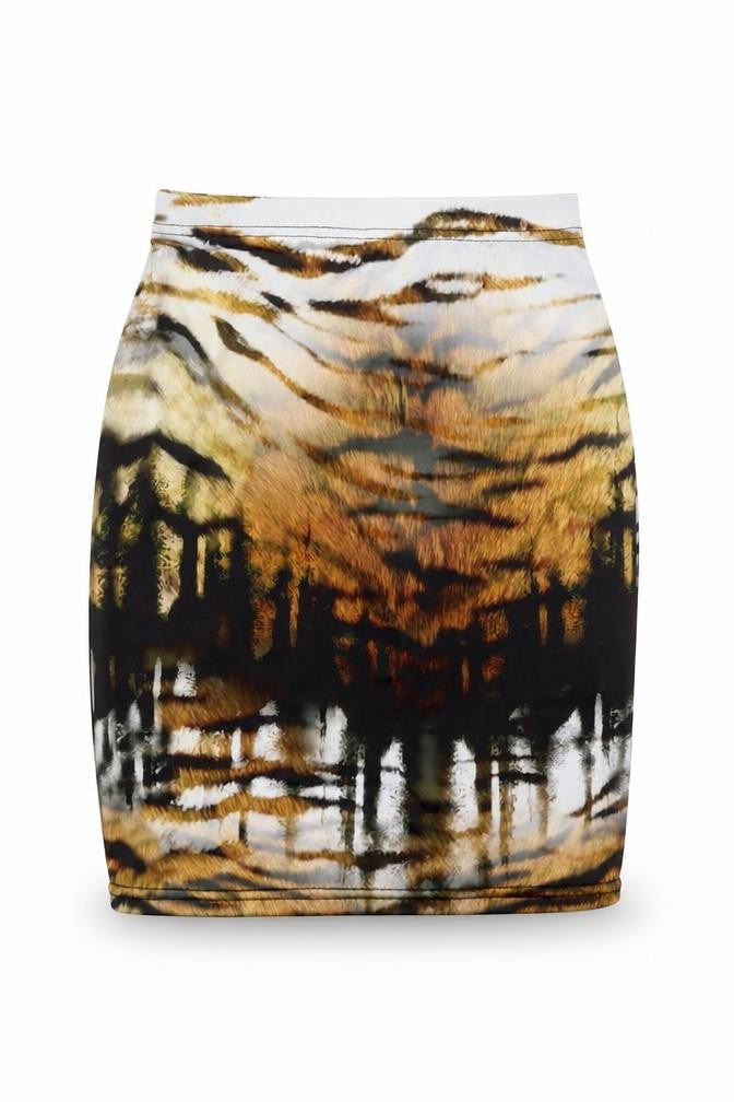 Front view of PRETTYLITTLETHING women’s brown mini skirt, size UK 4
